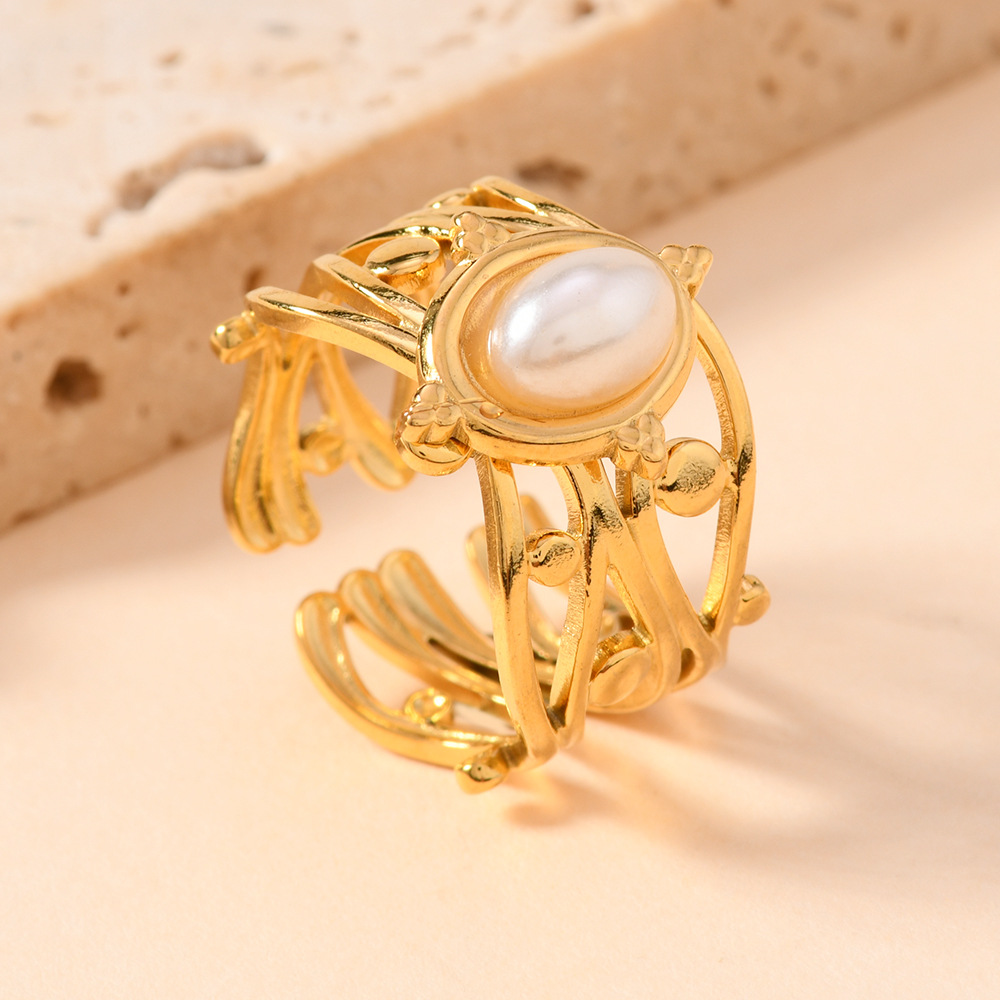 跨境热销不锈钢戒指轻奢宫廷风油压藤蔓镶宝石戒指开口戒钛钢饰品详情5