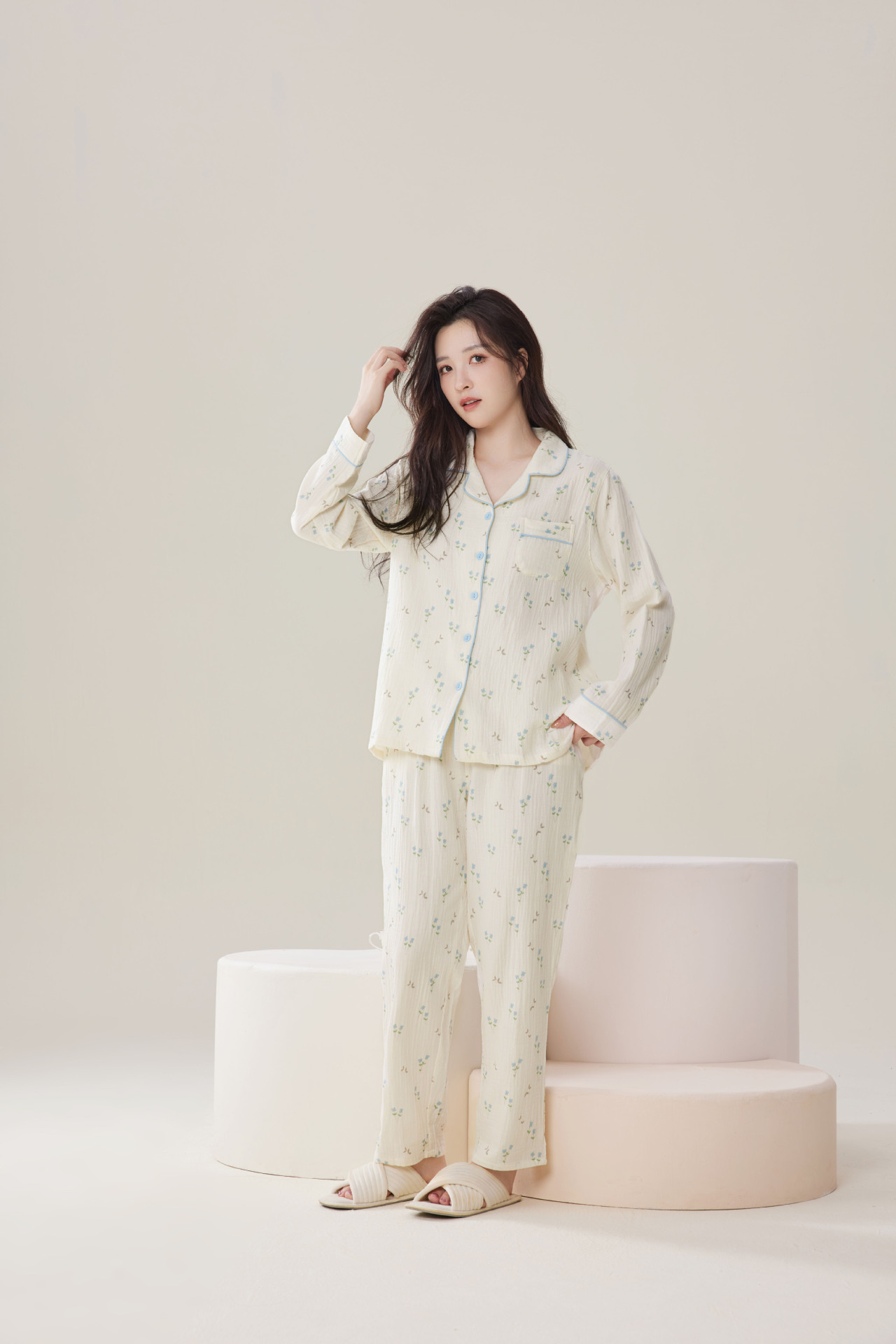 新款纯棉棉纱睡衣女士春秋季薄款印花长袖日系田园风双层纱家居服详情5