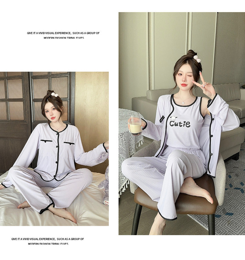 带胸垫睡衣女春秋长袖四件套夏季吊带背心可爱卡通2024新款家居服详情35