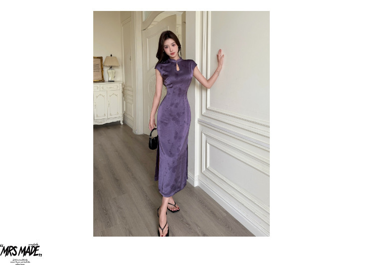 紫色缎面改良旗袍女2025春夏绝美新中式蝴蝶连衣裙详情1
