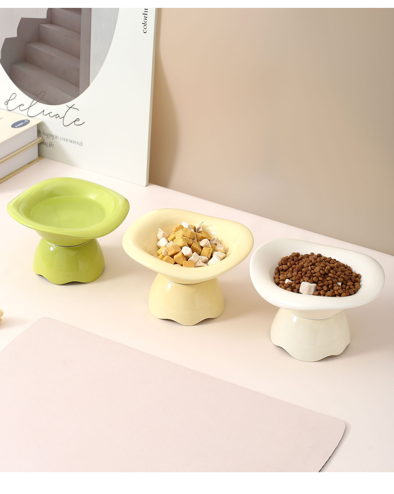 Cream-style series split wavy pet bowl, household ceramic cat bowl and dog bowl, high-legged neck guard bowl, cat and dog food bowl pic 11