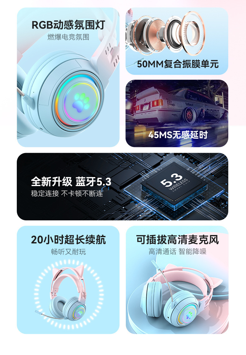 Live streaming game Bluetooth headphones, girl e-sports mobile headsets, head-mounted wireless headphones with microphone, popular in Huaqiangbei pic 5