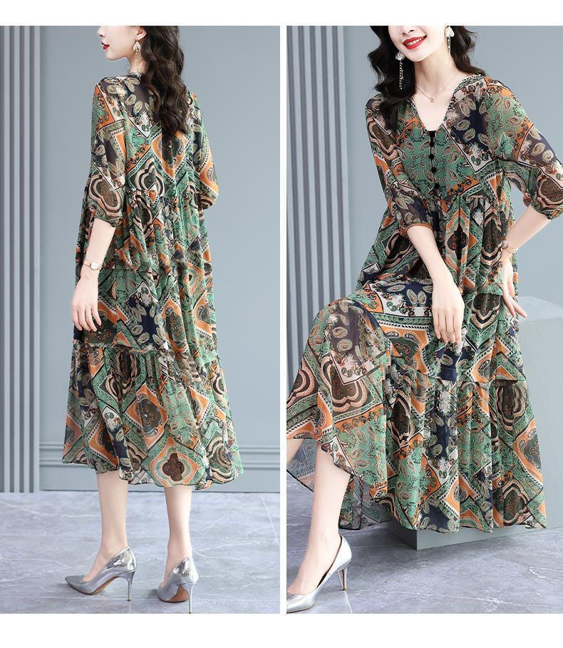 时尚气质中老年女装2023夏季新款大码宽松显瘦复古印花短袖连衣裙详情9