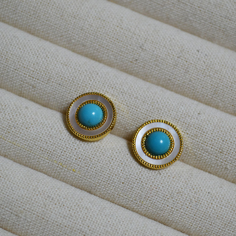 法式复古白色贝母镶嵌绿松石金珠花边气质简约925银针圆耳钉耳饰详情8