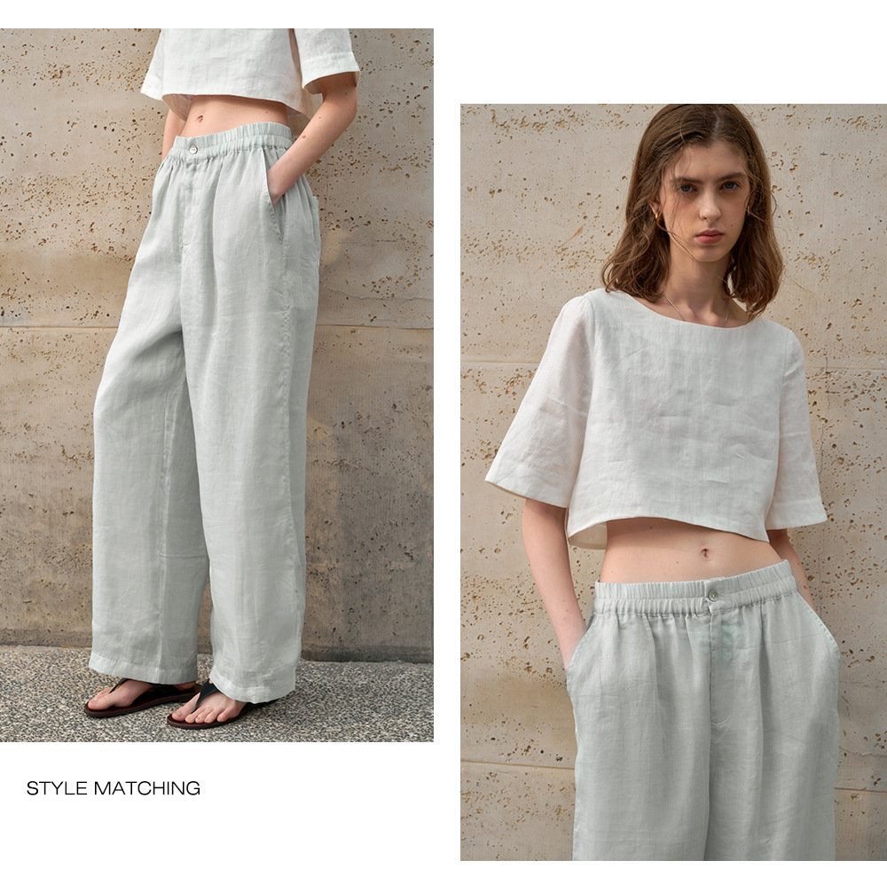 Pure ramie straight-leg pants for women, loose and slimming casual pants, loose spring and summer stretched-waist long pants pic 17