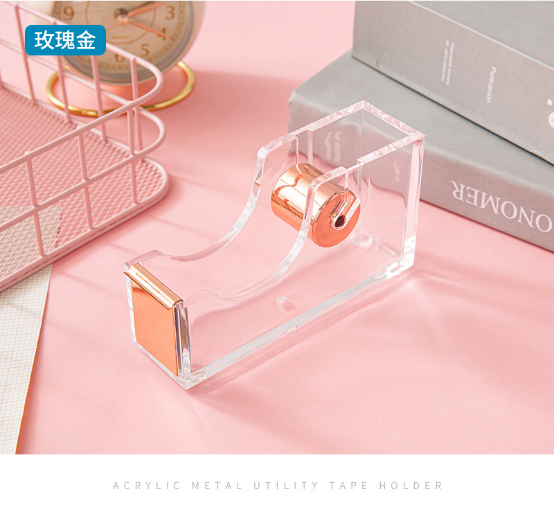 Acrylic rose gold tape base, transparent electroplated metal tape cutter i, medium-sized desktop hand-tear divider pic 13