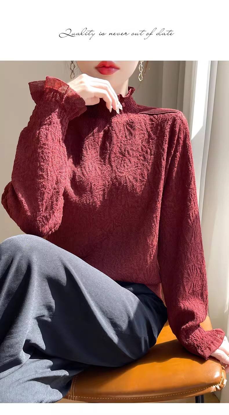 The 2025 autumn/winter new style lace and black ear-trimmed semi-high neck base layer for women is super stylish. Pair it with an A9325 sweater pic 21