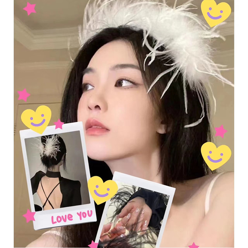 森系新款黑白色羽毛发箍网红气质鸵鸟毛头箍高级感头饰发卡批发详情12