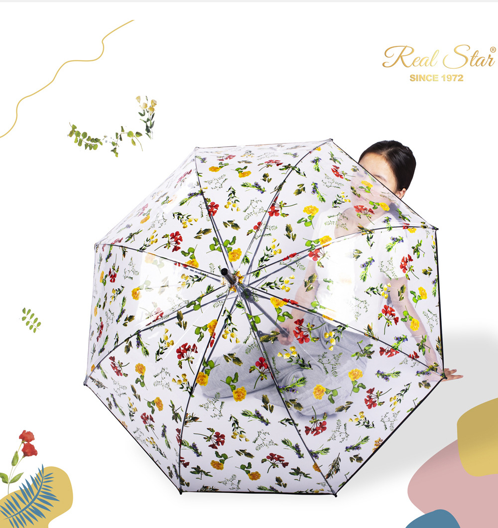 RST新品透明伞带图案富贵花朵成人塑料雨伞批发自动开彩色印刷伞详情7