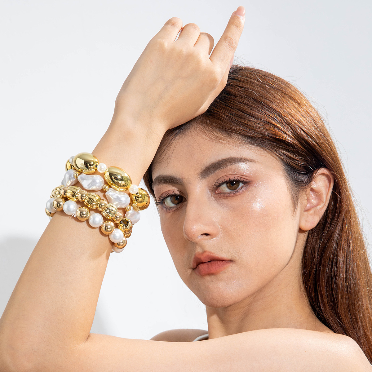 欧美跨境新款多层线条缠绕几何开口手镯套装朋克风波浪形串珠手链详情107