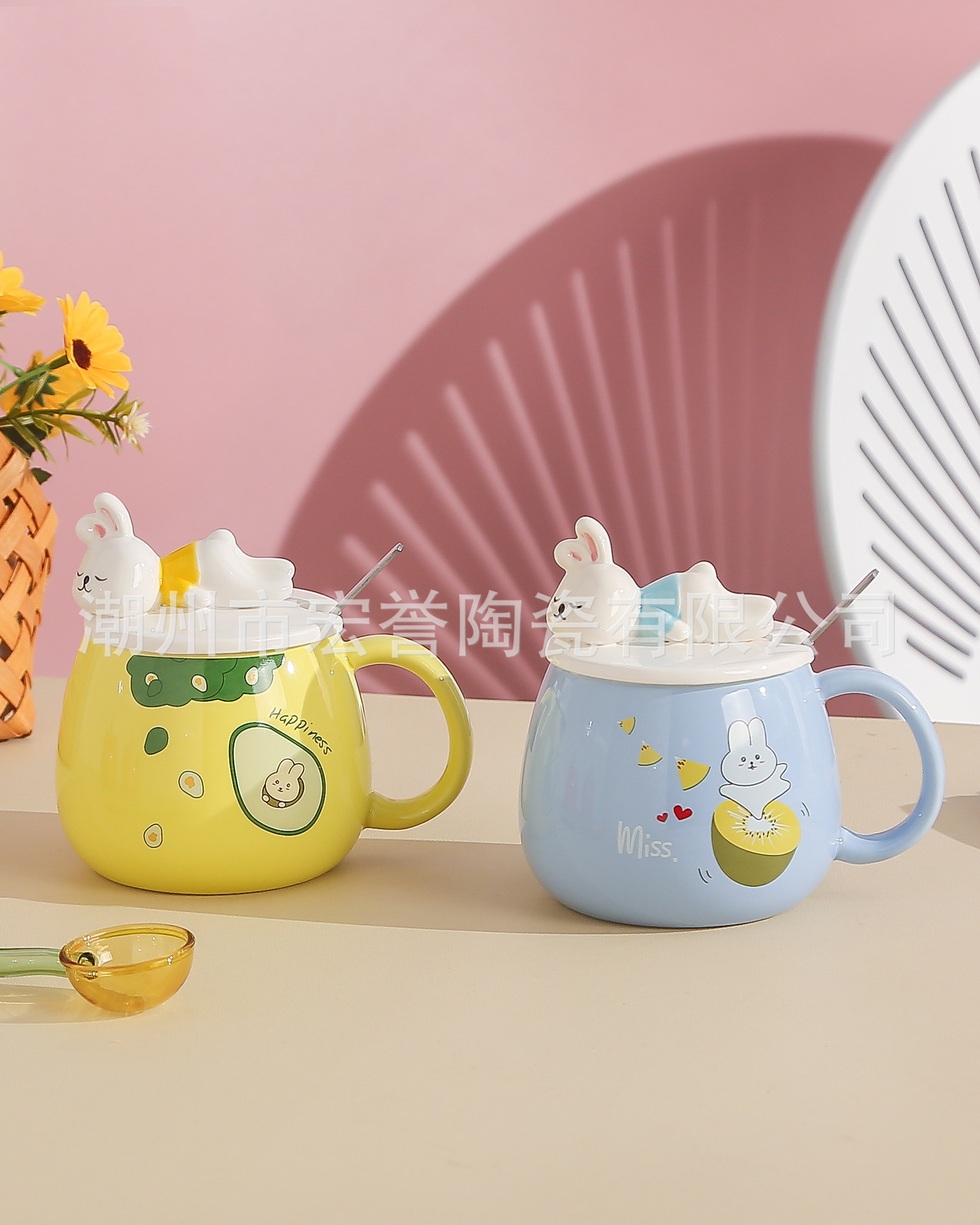 Cute rabbit cups, ceramic cups, high appearance level, couple mugs, creative embossed coffee cups with LIDS, milk cups pic 3