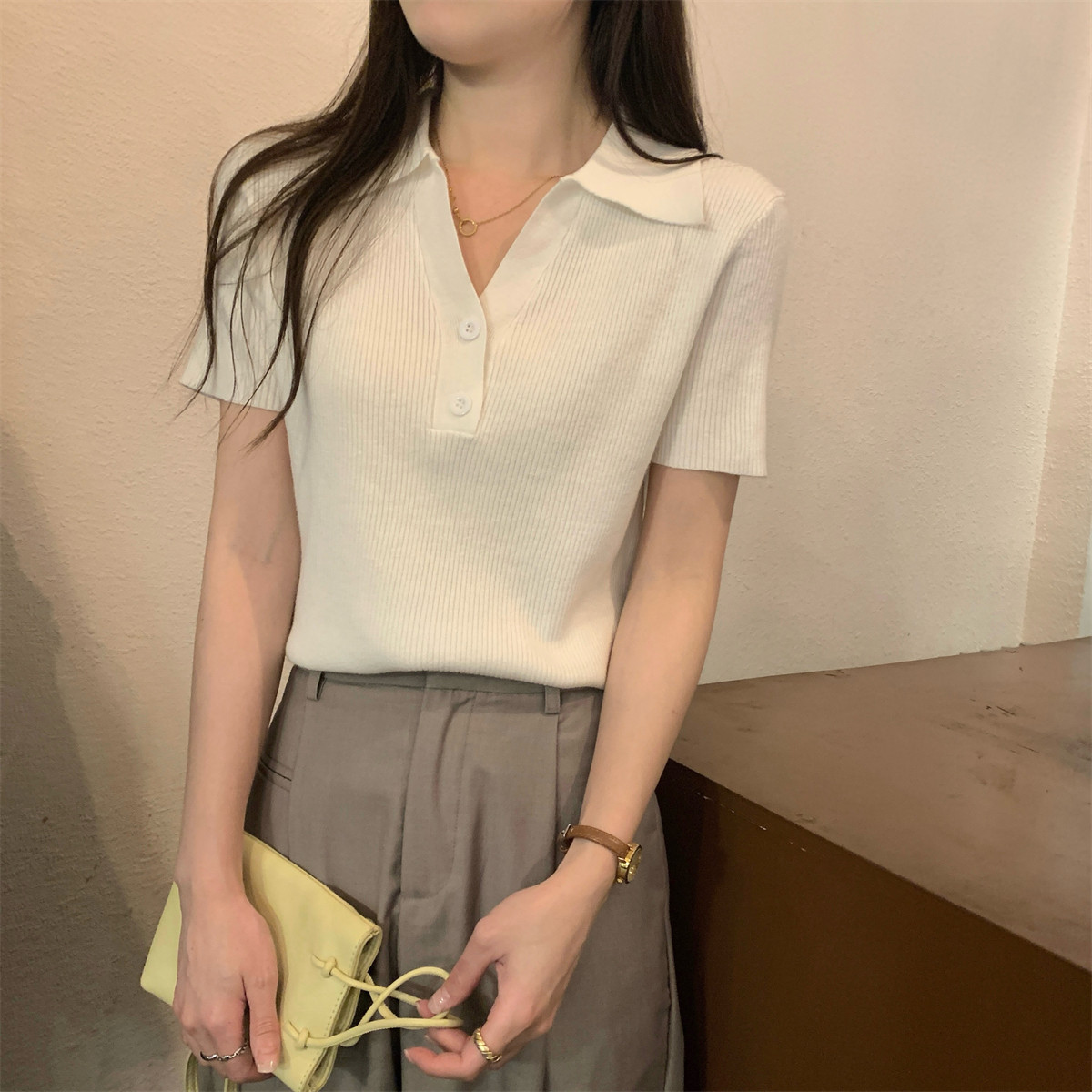 韩系坑条针织T恤夏季修身显瘦polo翻领正肩短袖女上衣气质打底衫详情23