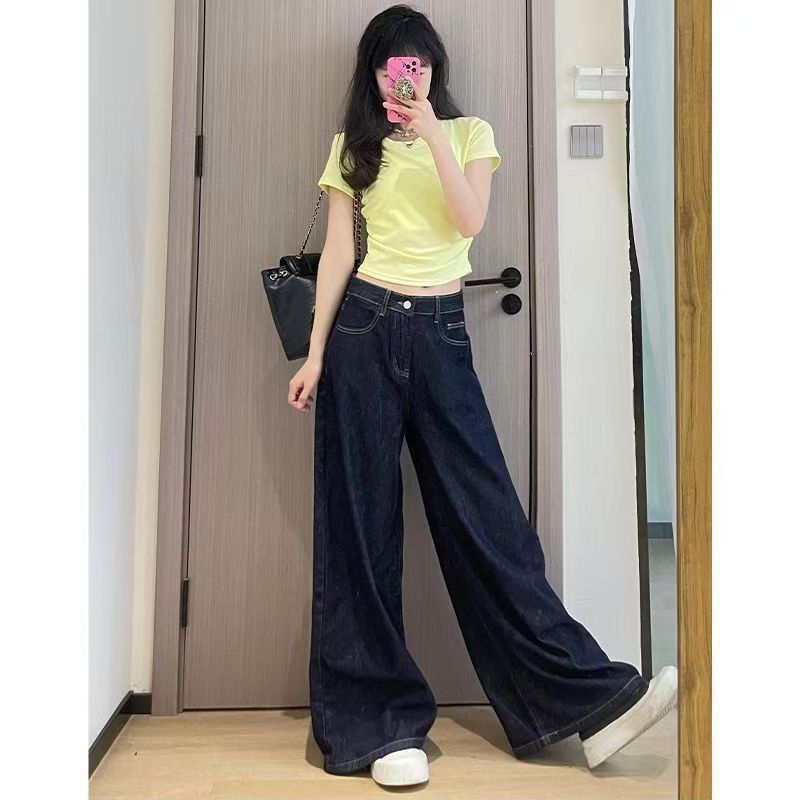 港风复古深蓝色阔腿牛仔裤女新款高腰直筒显瘦垂感宽松拖地长裤子详情9