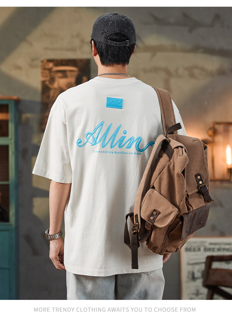 ALLIN pure cotton heavy-duty short-sleeved T-shirt for men, a summer trendy brand with three-dimensional printed letters and loose round-neck couple tops pic 26