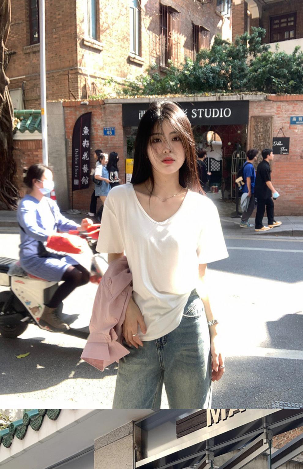 新款夏季薄款V领短袖T恤女白色打底衫宽松显瘦休闲体恤上衣潮流女详情2