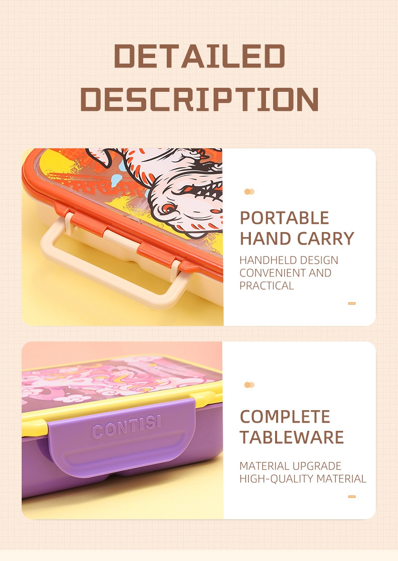 跨境新款食品级塑料饭盒儿童卡通可爱午餐盒学生分格密封便当盒详情7