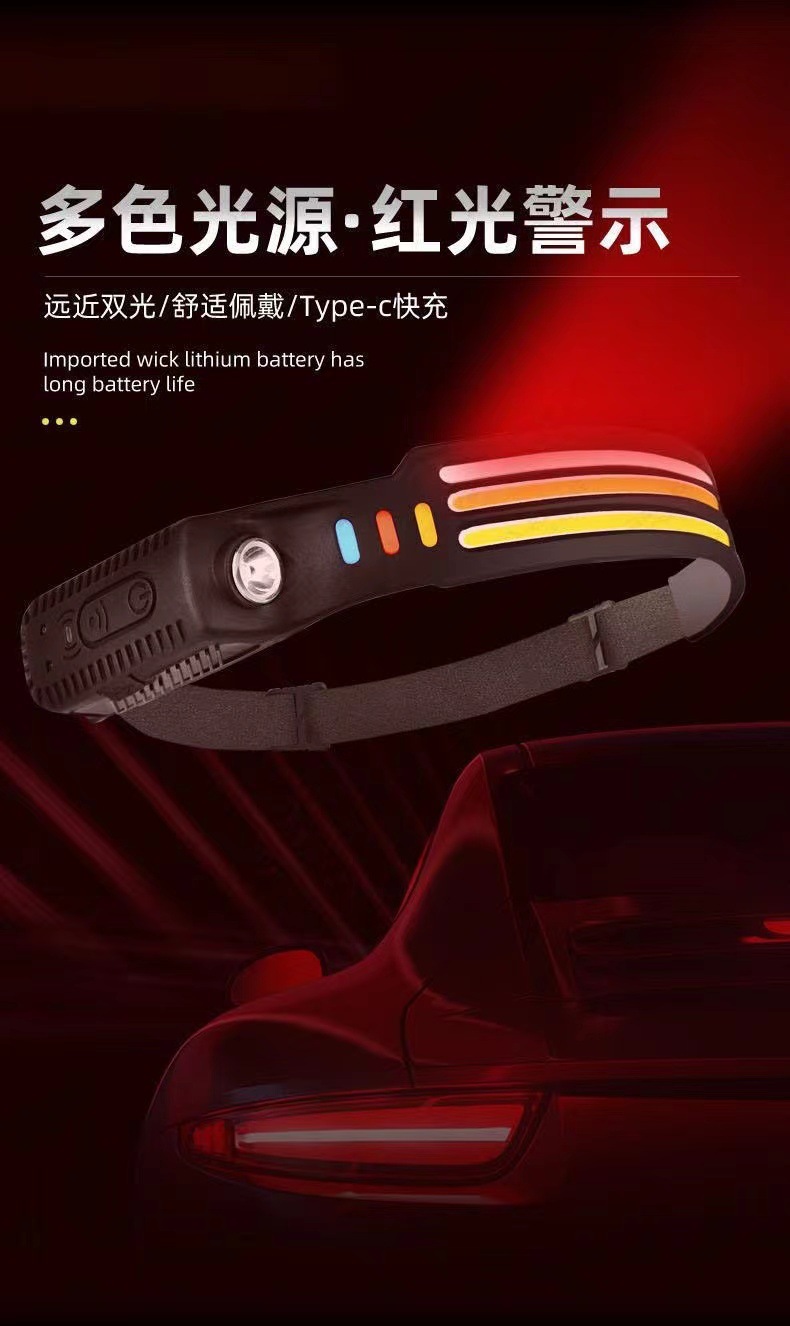 Induction headlight, LED head-mounted dual-light source night fishing headlight, USB charging running light, silicone headlight, strong light pic 2