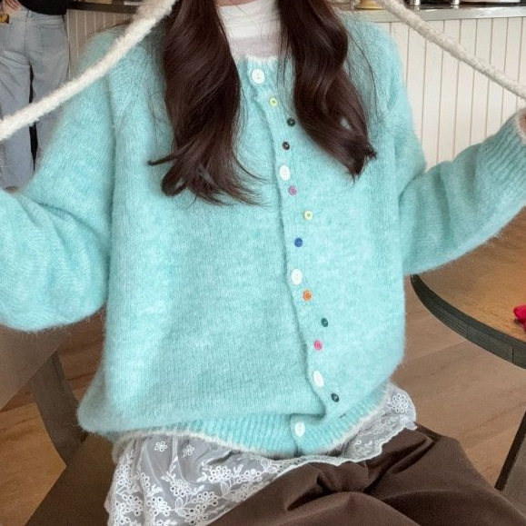 2025秋冬季韩系慵懒风彩扣针织开衫百搭上衣宽松软糯女式毛衣外套详情7