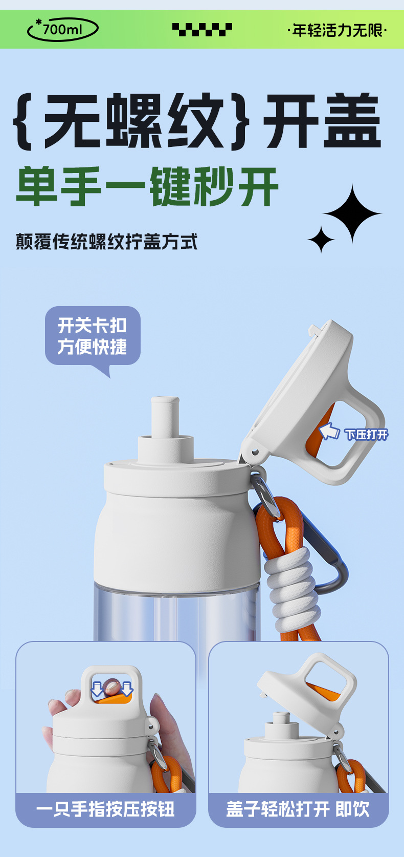 一键开盖水杯tritan一盖三饮户外大容量运动水杯健身男女骑行水壶详情6