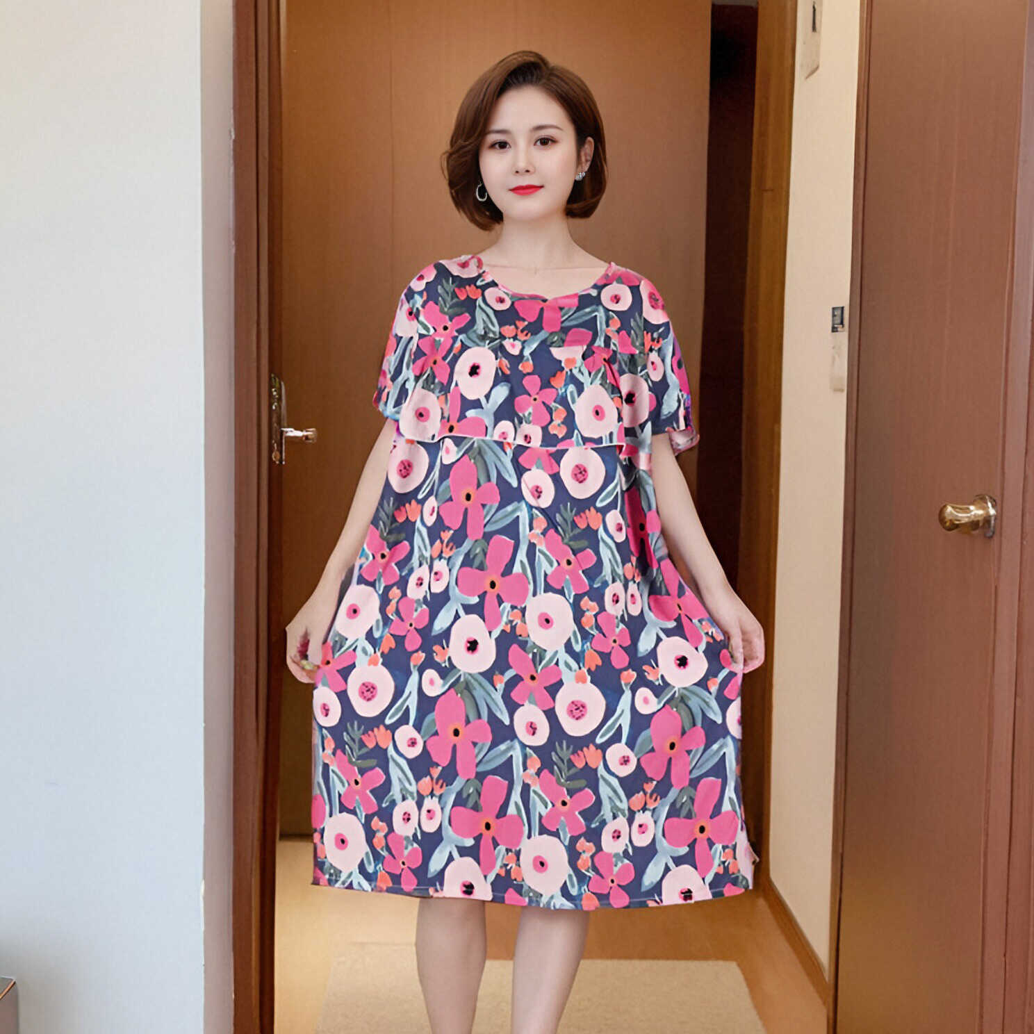 45支放凸点荷叶边碎花短袖连衣裙女夏宽松显瘦妈妈中老年减龄裙子详情13