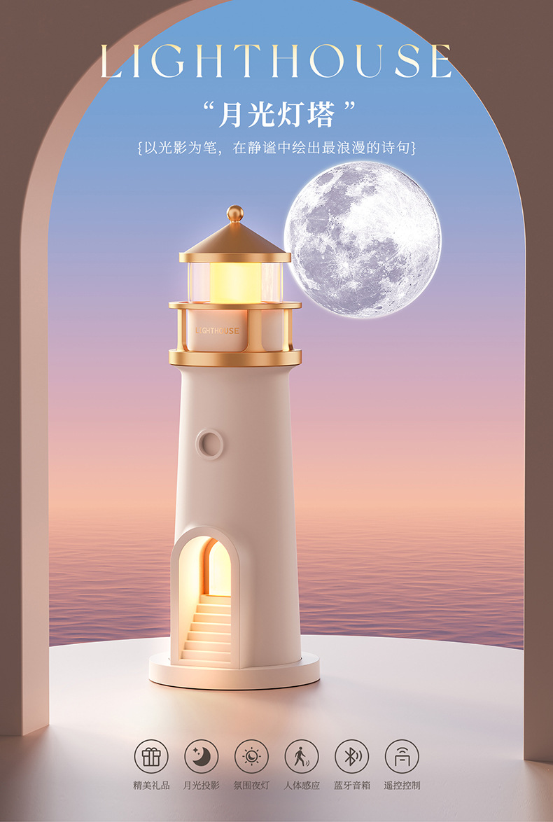 2025新款月光灯塔氛围灯 月亮月球卧室床头投影灯 人来即亮感应灯详情1