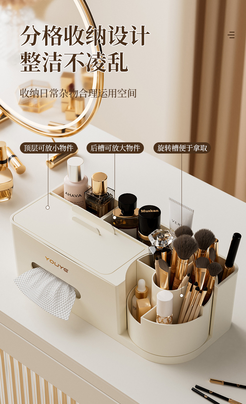 Cosmetics storage box, desktop dressing table, compartmentalized skin care product organization box, tissue box, household drawer-style storage pic 4