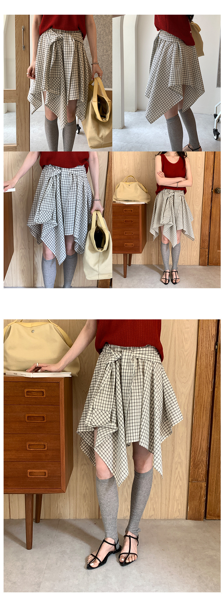 时髦不规则解构拼接格纹半身裙女夏季2025新款衬衫式绑带a字短裙详情9