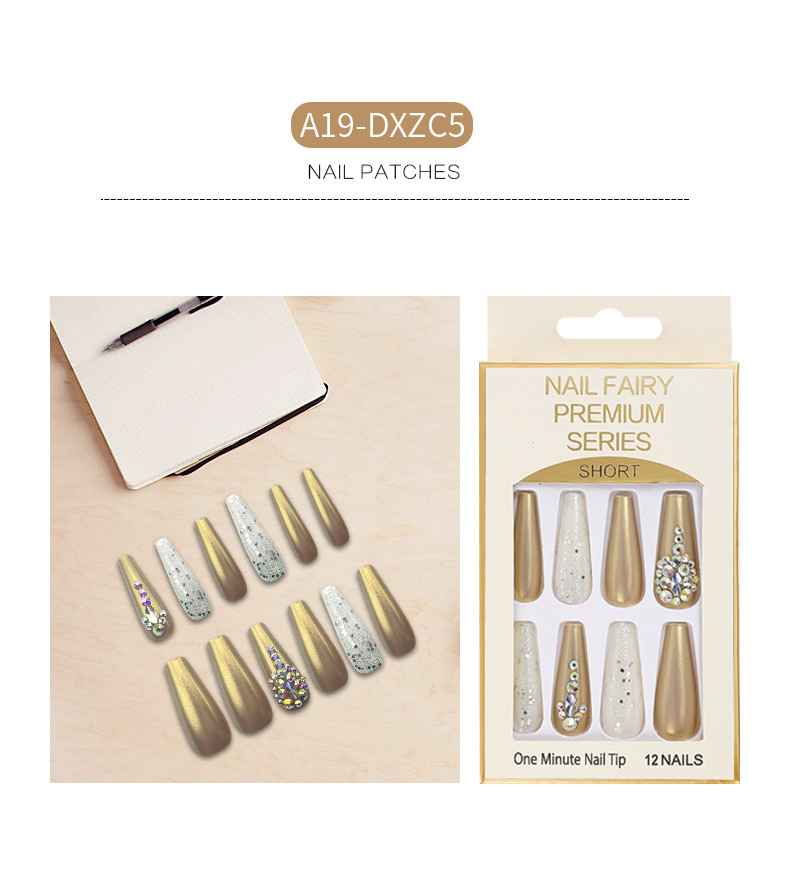 Cross-border long T-shaped false nail, glitter and sequin nail art, colorful artificial rhine-dotted ballet nail, wearable nail wholesale pic 3