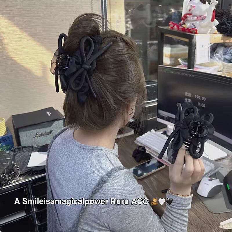 高级泡泡网纱丝带蝴蝶结抓夹后脑勺盘发夹百搭气质少女鲨鱼夹发抓详情2