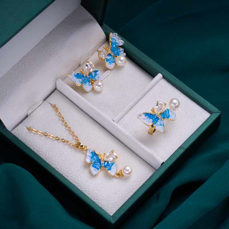 Pearl ring, earneedle pendant, three-piece set, empty stand, four-petal flower, white butterfly shell design, high-end DIY light luxury earrings pic 11