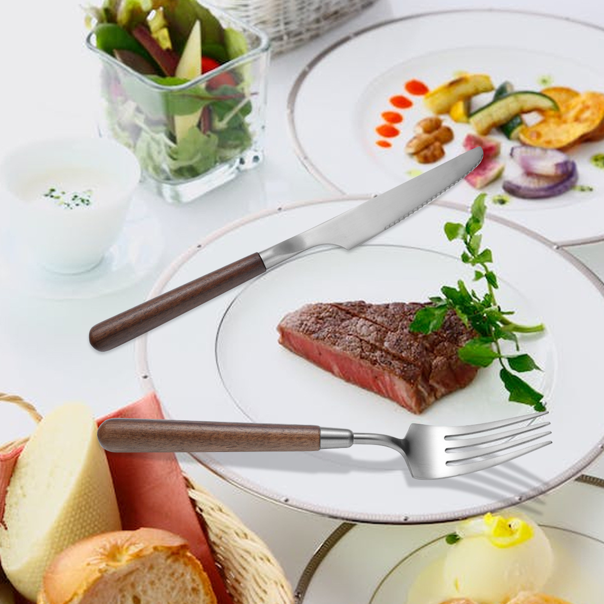 304 stainless steel knife, fork and spoon, light luxury retro walnut wood handle, Western cuisine brushed, restaurant household thickened soup spoon pic 8