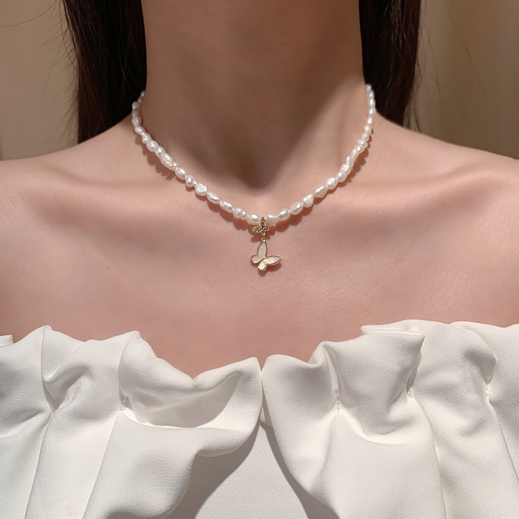 巴洛克淡水珍珠项链女夏气质网红设计感蝴蝶锁骨链不规则珍珠颈链详情13