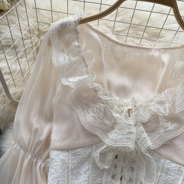 French court-style lantern long-sleeved shirt for women, fashionable high-end chiffon shirt, sweet lace patchwork mesh top, trendy pic 12