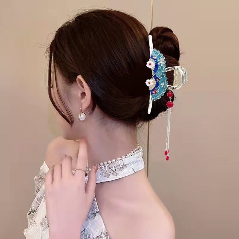 扇子后脑勺花朵流苏抓夹发夹女超仙风复古鲨鱼夹气质发饰梅花红详情1