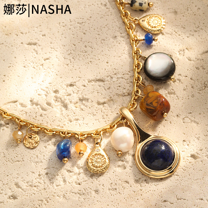 Nasha Cross-border Exclusive lapis lazuli Mother-of-Pearl freshwater Pearl Necklace, sweet and cool, spicy girl style, non-fading necklace, perfect for women pic 7