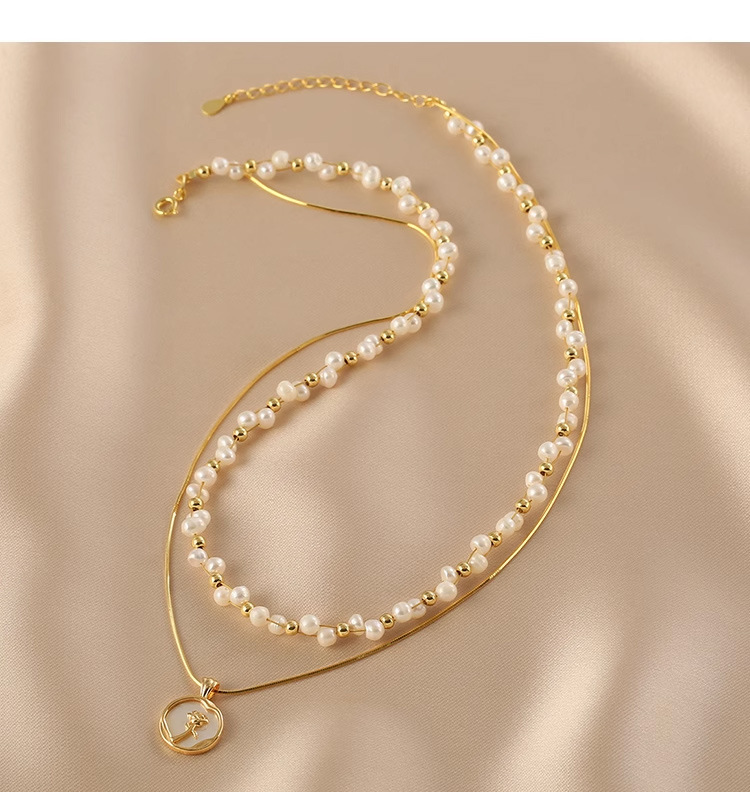 淡水珍珠双层叠戴链滴油玫瑰花项链交叉编织小颗粒淡水珍珠锁骨链详情4