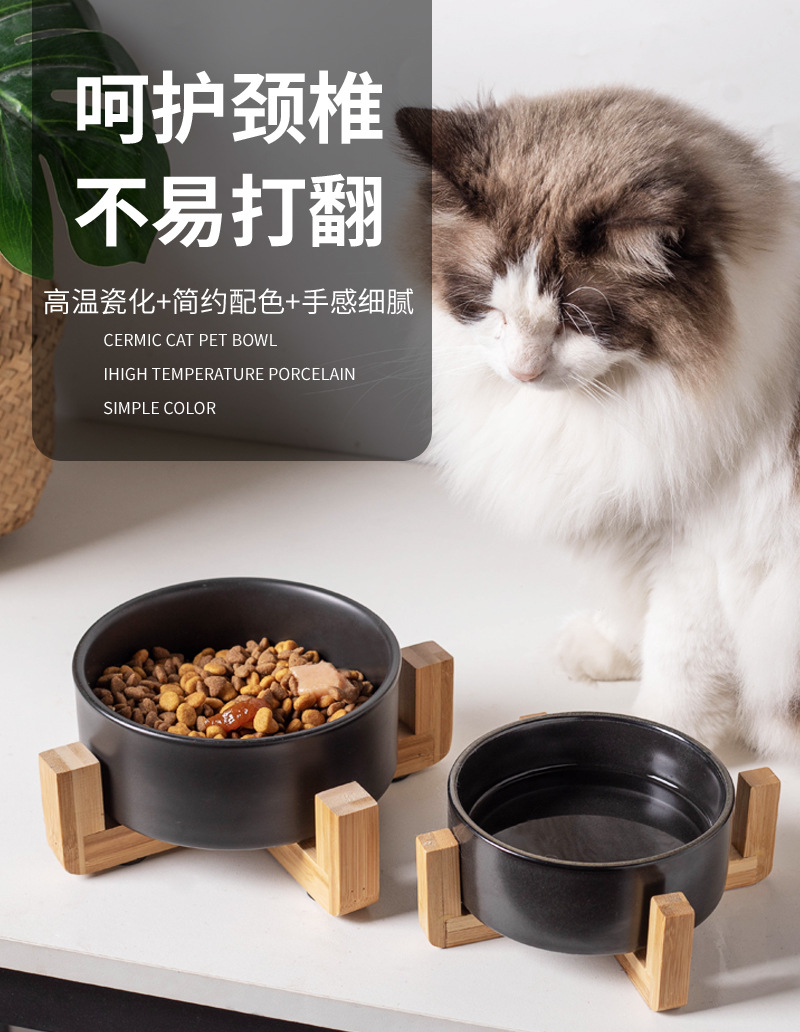 Customized black cat bowl, ceramic drinking bowl, double-bowl ceramic food bowl, dog bowl, cat wooden frame bowl, anti-knock pet bowl pic 1