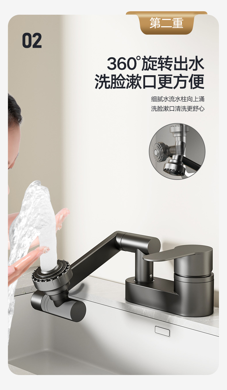 面盆混水龙头3D旋转奢华体验陶瓷阀芯万向调节两档防溅按压式排水儿童卡通卫浴用品详情10