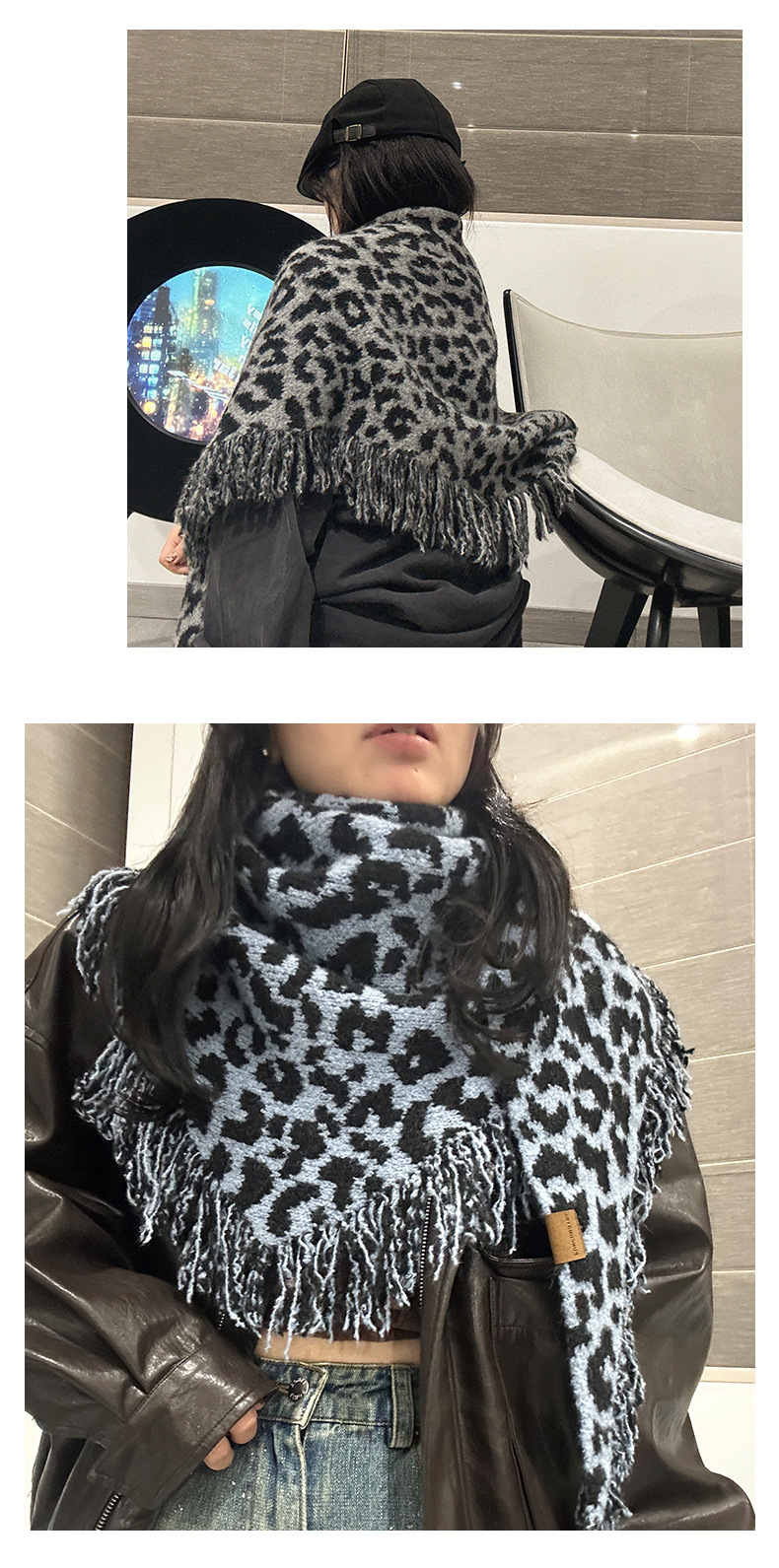 A new autumn and winter collection of leopard-print fringed scarves for women, featuring a high-end woolen triangular shawl and a retro and fashionable shawl. Wholesale from street stalls pic 11