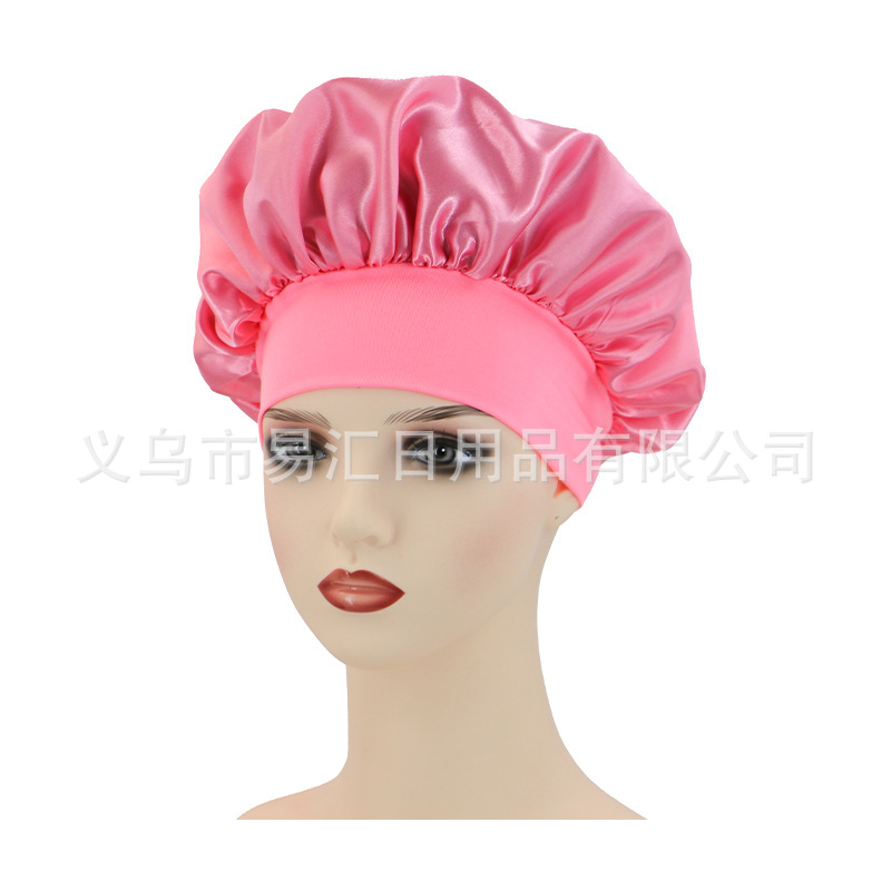 跨境热卖纯色宽边弹力成人睡帽 男女时尚护发美容浴帽色丁帽详情5