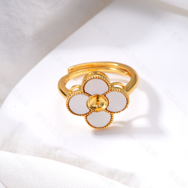 Pearl ring, earneedle pendant, three-piece set, empty stand, four-petal flower, white butterfly shell design, DIY light luxury original jewelry pic 8