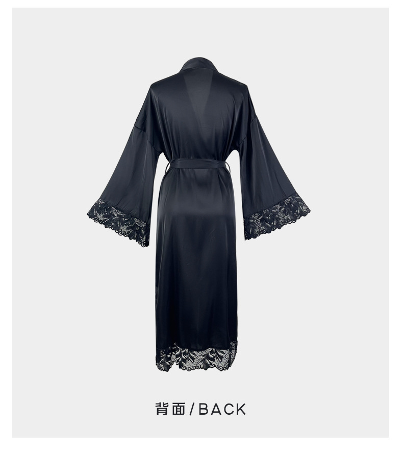 A black and white V-neck lace-trimmed mid-length, slit, light luxury and sexy nightgown for export, 682 pic 8