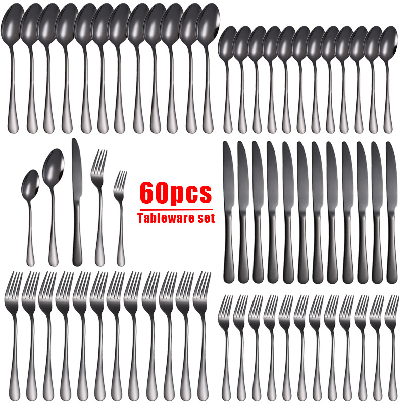 跨境热销不锈钢刀叉勺餐具套装12人份彩盒装60件套镀钛金色勺叉子详情8