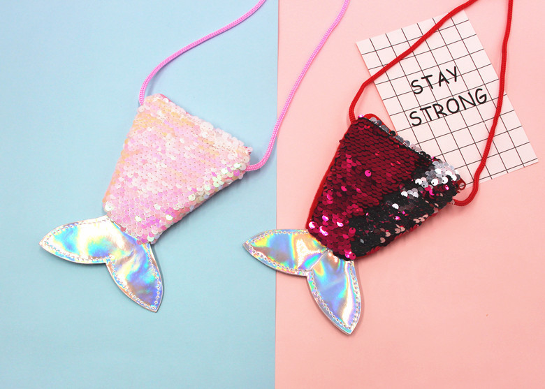 亮片美人鱼挂绳硬币包小钱包儿童斜跨小包鱼尾巴双色亮片零钱包女详情10