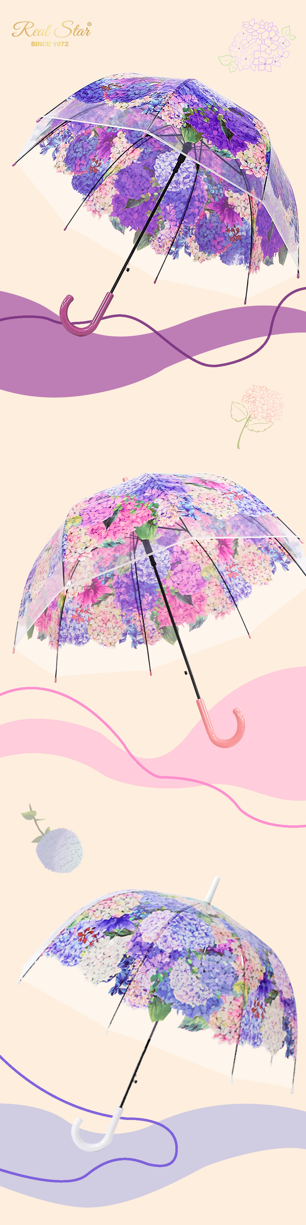 25年星宝新款成人透明伞绣球花彩色图案拱形雨伞数码印日韩清新详情13