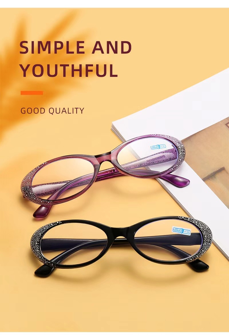 The new personalized diamond-encrusted oval small frame anti-blue light reading glasses are fashionable and youthful for the middle-aged and elderly pic 7