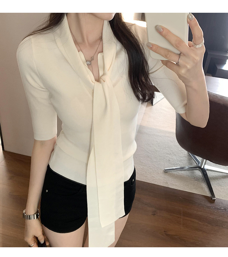 法式别致辣妹V领系带修身短袖针织衫女春夏2025新款气质显瘦上衣详情24