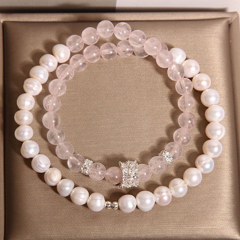 New Chinese-style pink crystal bracelet for women, light luxury, niche and exquisite natural pearl double-loop layered bracelet, high-end jewelry pic 6