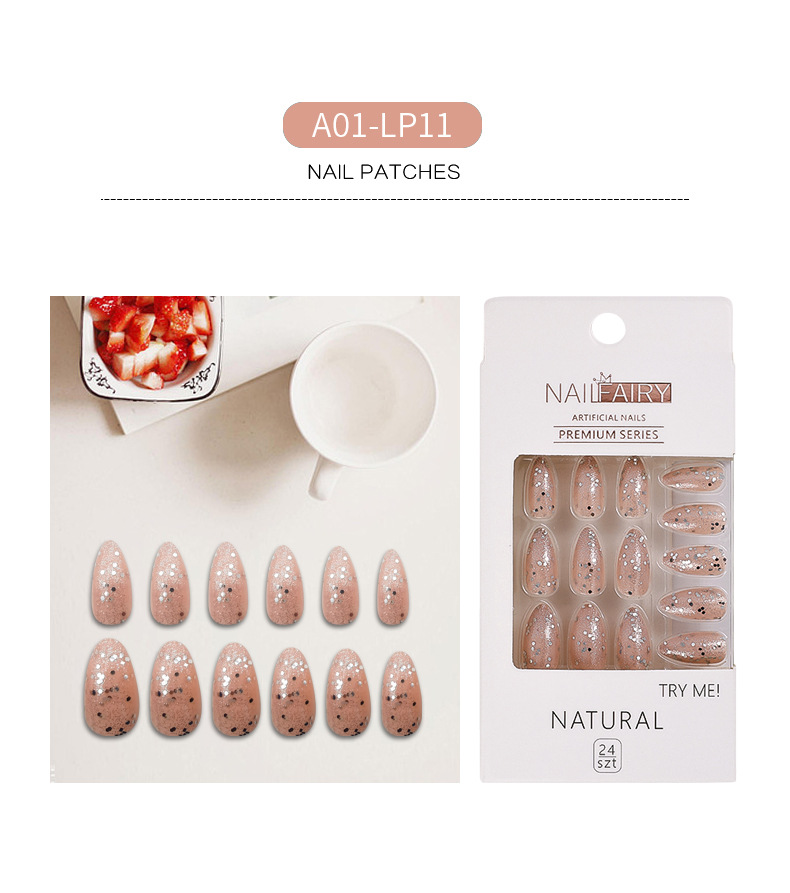 Wholesale of new cross-border glitter fake nails, pointed nails, detachable nail plates, patch nail art, sequined and fresh wearable nails pic 11