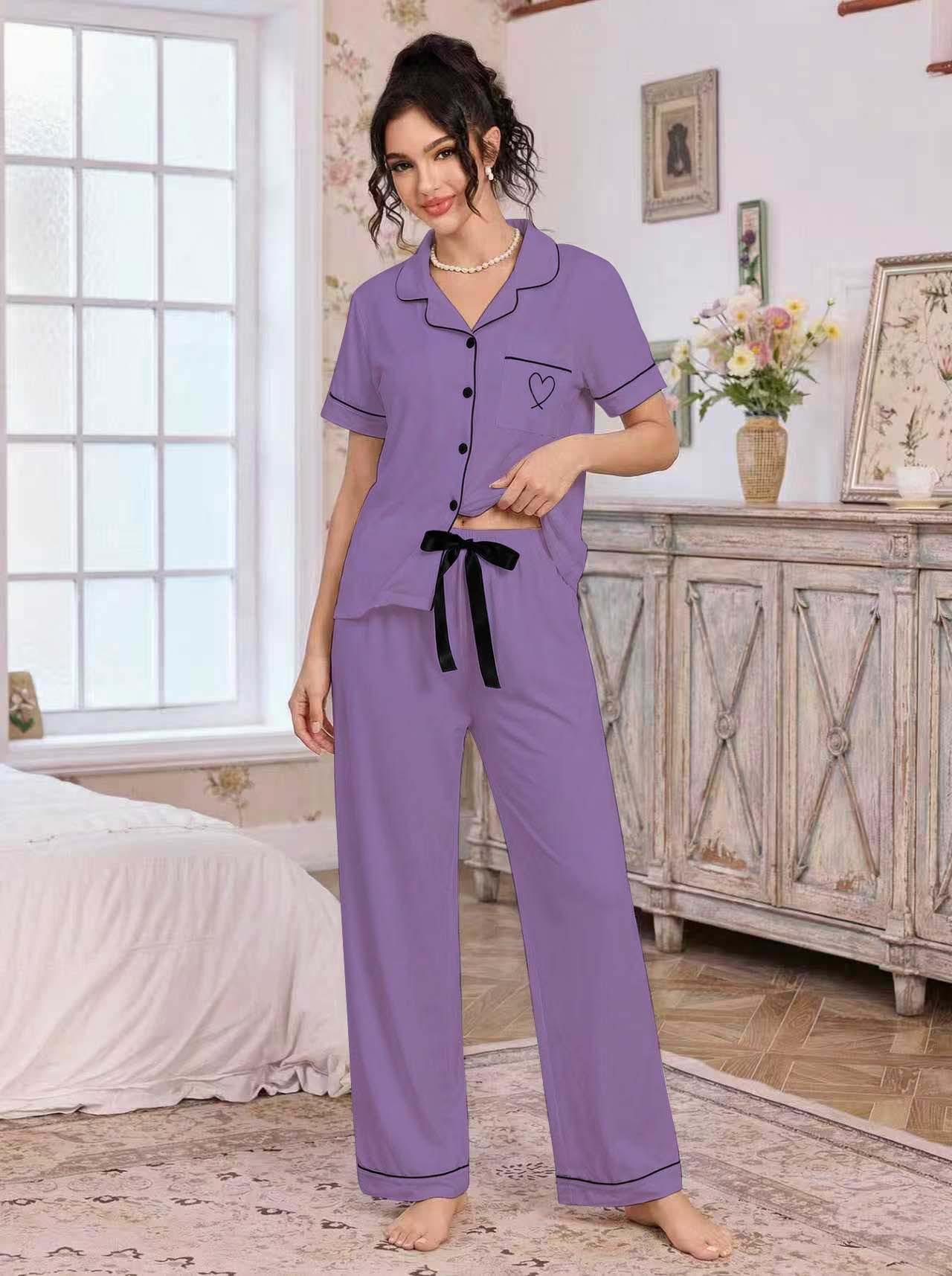亚马逊欧美家居服套装翻领开衫短袖长裤爱心绣花睡衣女外贸独立站详情38